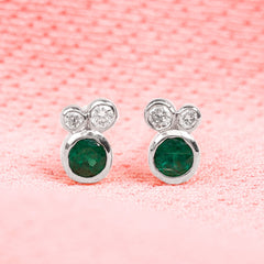 Real Emerald and Diamond Three Stone Stud Earrings
