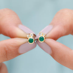 Real Emerald and Diamond Three Stone Stud Earrings