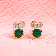 Real Emerald and Diamond Three Stone Stud Earrings