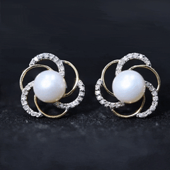 Round Freshwater Pearl Big Stud Earrings with Diamonds