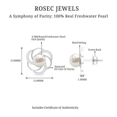 Round Freshwater Pearl Big Stud Earrings with Diamonds