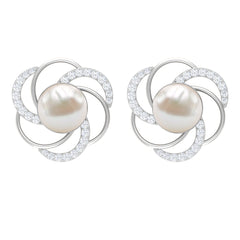 Round Freshwater Pearl Big Stud Earrings with Diamonds