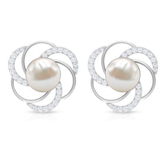 Round Freshwater Pearl Big Stud Earrings with Diamonds