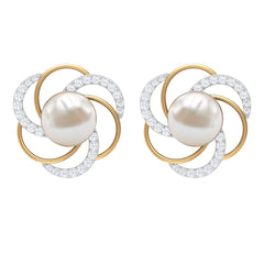 Round Freshwater Pearl Big Stud Earrings with Diamonds