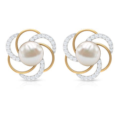 Round Freshwater Pearl Big Stud Earrings with Diamonds