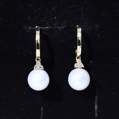 Round Freshwater Pearl and Diamond Hoop Drop Earrings