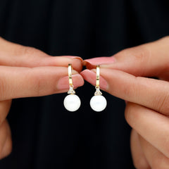 Round Freshwater Pearl and Diamond Hoop Drop Earrings