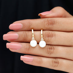 Round Freshwater Pearl and Diamond Hoop Drop Earrings
