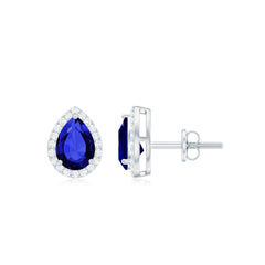 Lab Grown Blue Sapphire Stud Earrings With Moissanite Halo