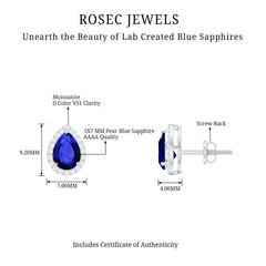 Lab Grown Blue Sapphire Stud Earrings With Moissanite Halo