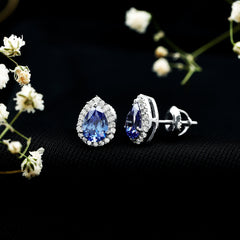 Lab Grown Blue Sapphire Stud Earrings With Moissanite Halo