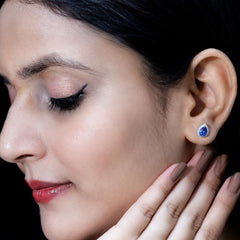 Lab Grown Blue Sapphire Stud Earrings With Moissanite Halo
