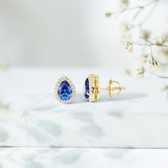 Lab Grown Blue Sapphire Stud Earrings With Moissanite Halo