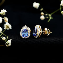Lab Grown Blue Sapphire Stud Earrings With Moissanite Halo