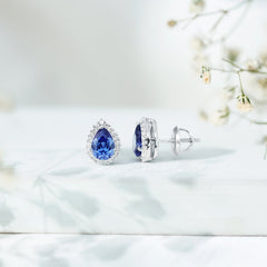 Lab Grown Blue Sapphire Stud Earrings With Moissanite Halo