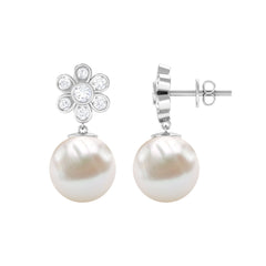 Cultured Freshwater Pearl Drop Earrings with Diamond Flower