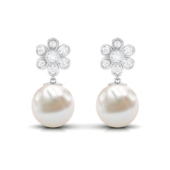 Cultured Freshwater Pearl Drop Earrings with Diamond Flower