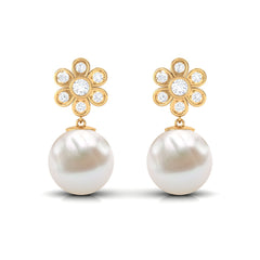 Cultured Freshwater Pearl Drop Earrings with Diamond Flower