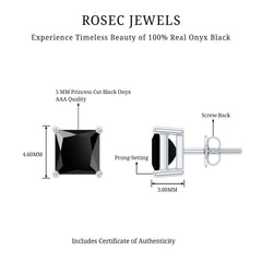 Natural Black Onyx Princess Cut Earrings with Screw Back