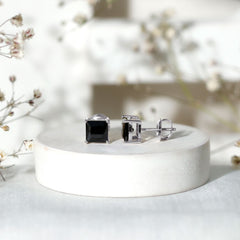 Natural Black Onyx Princess Cut Earrings with Screw Back