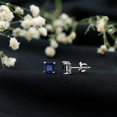 1.5 CT Princess Cut Lab Created Blue Sapphire Solitaire Stud Earrings