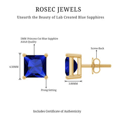 1.5 CT Princess Cut Lab Created Blue Sapphire Solitaire Stud Earrings