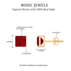 1 CT Princess Cut Ruby Solitaire Stud Earrings