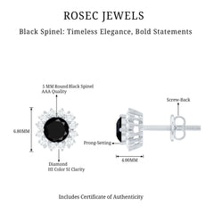 Certified Real Black Spinel Stud Earrings with Diamond Halo