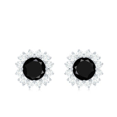 Certified Real Black Spinel Stud Earrings with Diamond Halo