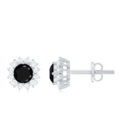 Certified Real Black Spinel Stud Earrings with Diamond Halo
