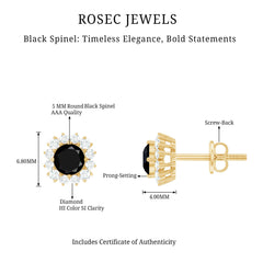 Certified Real Black Spinel Stud Earrings with Diamond Halo