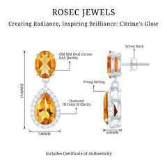 Natural 4.2 Carat Citrine and Diamond Teardrop Earrings