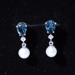 Genuine Freshwater Pearl Drop Earring With London Blue Topaz