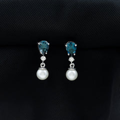 Genuine Freshwater Pearl Drop Earring With London Blue Topaz