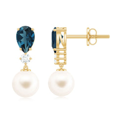 Genuine Freshwater Pearl Drop Earring With London Blue Topaz
