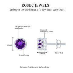 Natural Amethyst and Diamond Bridal Stud Earrings