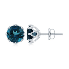 Genuine 7MM London Blue Topaz Solitaire Stud Earrings With Certificate