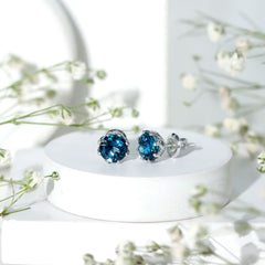 Genuine 7MM London Blue Topaz Solitaire Stud Earrings With Certificate