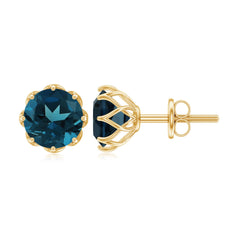 Genuine 7MM London Blue Topaz Solitaire Stud Earrings With Certificate
