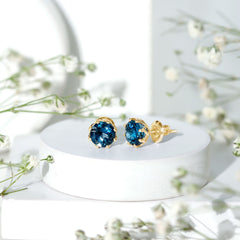 Genuine 7MM London Blue Topaz Solitaire Stud Earrings With Certificate
