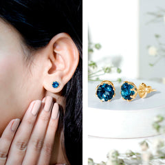 Genuine 7MM London Blue Topaz Solitaire Stud Earrings With Certificate