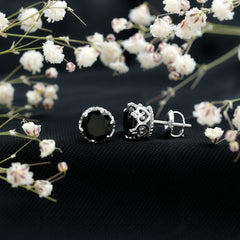 Genuine Black Onyx Crown Stud Earrings with Screw Back
