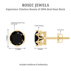 Genuine Black Onyx Crown Stud Earrings with Screw Back