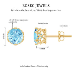 1.5 Carat Genuine Aquamarine Crown Stud Earrings