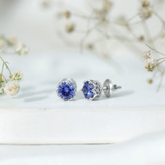 2 CT Created Blue Sapphire Solitaire Crown Stud Earrings