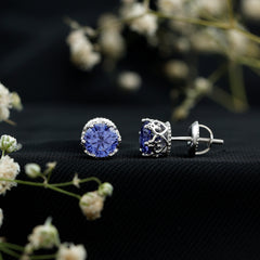 2 CT Created Blue Sapphire Solitaire Crown Stud Earrings