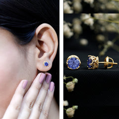 2 CT Created Blue Sapphire Solitaire Crown Stud Earrings