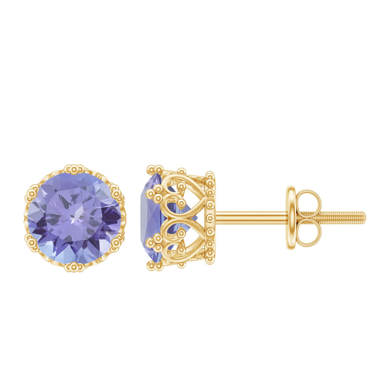 Natural 1 Carat Tanzanite Crown Stud Earrings with Screw Back