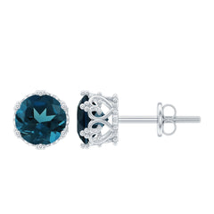 2.7 Carat Round Cut London Blue Topaz Crown Stud Earrings