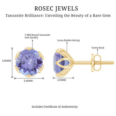 1 Carat Round Cut Tanzanite Solitaire Stud Earrings for Women